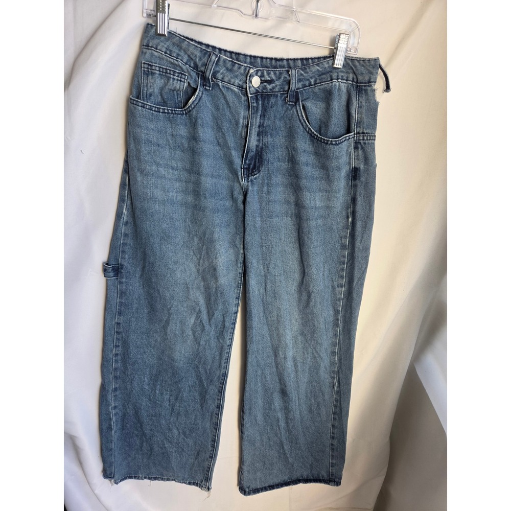 SHEIN Carpenter Jeans Women Blue Light Wash Relaxed Mid Rise Wide Leg